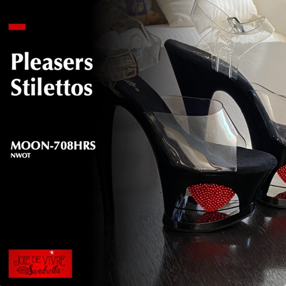 Pleasers Stilettos | MOON-708HRS | Black + Clear + Red Crystal Hearts | NWOT - Picture 1 of 16